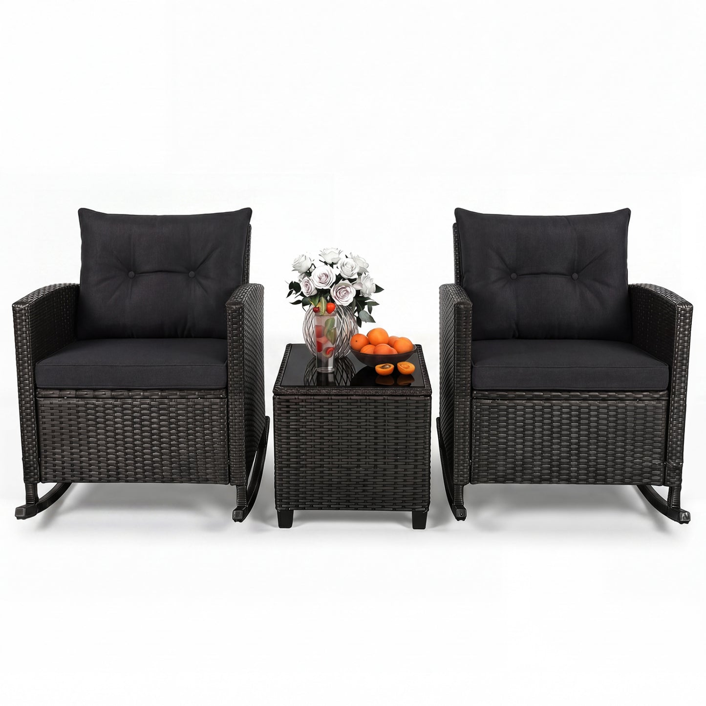 3-Piece Patio Rattan Roker Chairs with Tempered Glass Table and Soft Cushions Patio Conversation Sets Beige/Navy/Gray/Black at Gallery Canada