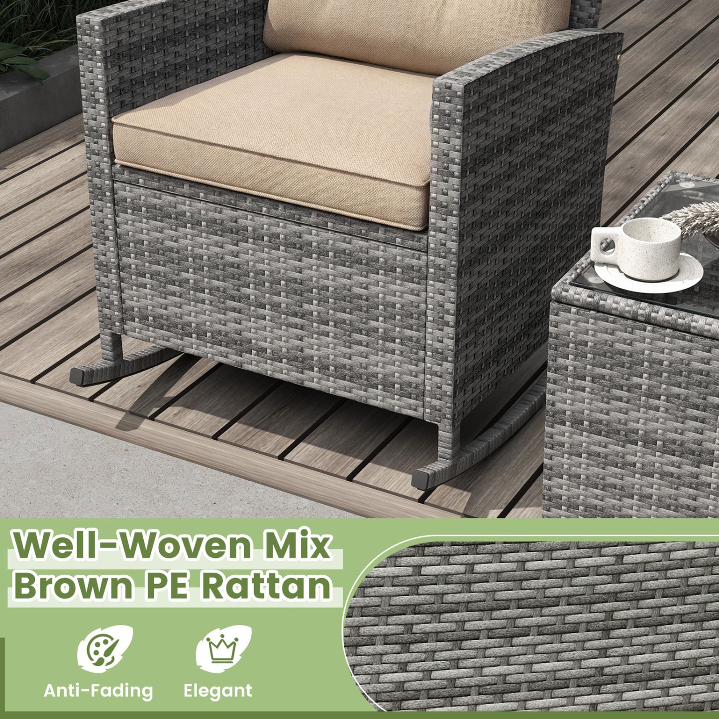 3-Piece Patio Rattan Rocker Chairs With Glass Table, Yellow