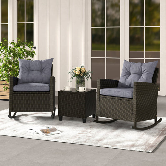 3-Piece Patio Rattan Rocker Chairs, Glass Table, Cushions, Dark Gray Patio Conversation Sets Dark Gray at Gallery Canada