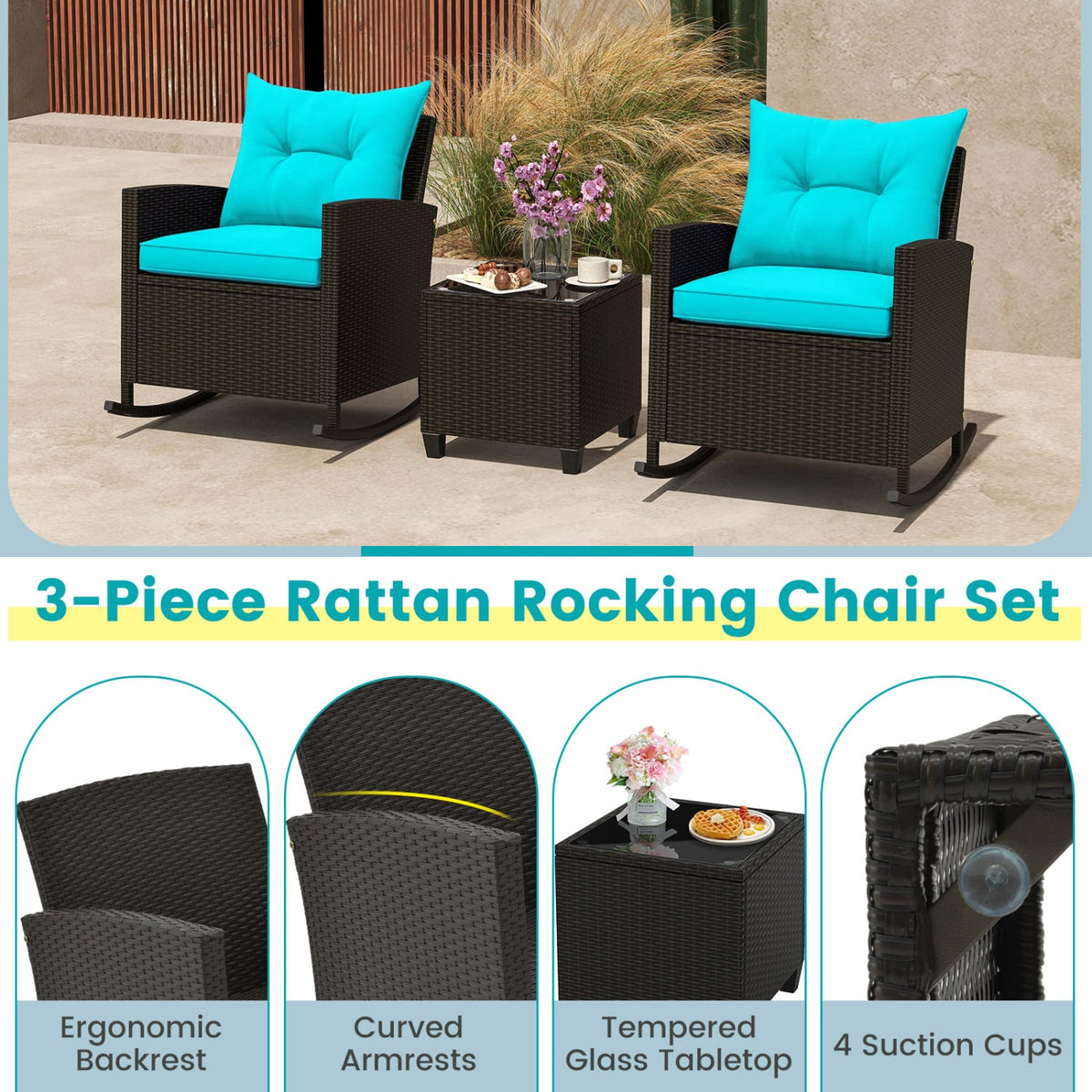 3-Piece Rattan Rocker Chairs, Glass Table, Cushions, Turquoise Patio Conversation Sets at Gallery Canada