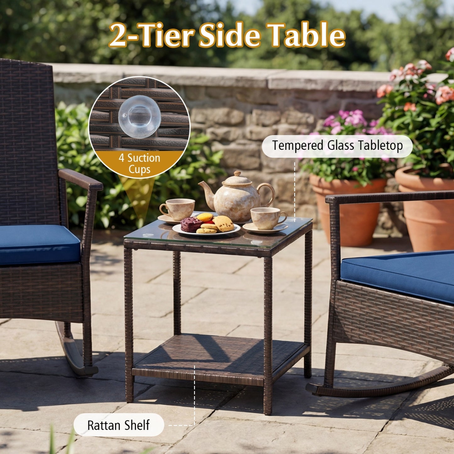 Wicker 3-Piece Patio Rocking Set with Coffee Table, Navy Patio Conversation Sets at Gallery Canada