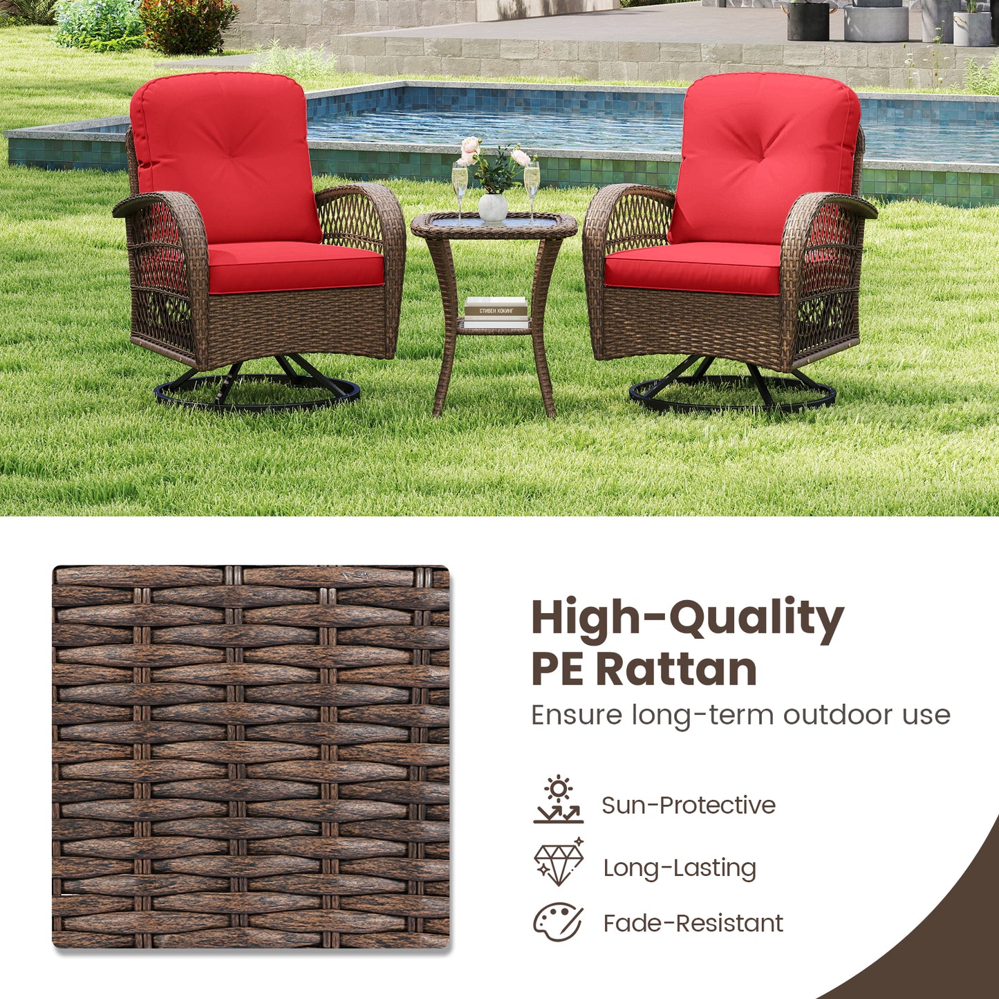 3 Piece Patio Swivel Rocker Set, Tempered Glass Side Table, Thick Cushions, Red Patio Rocking Chairs & Gliders at Gallery Canada