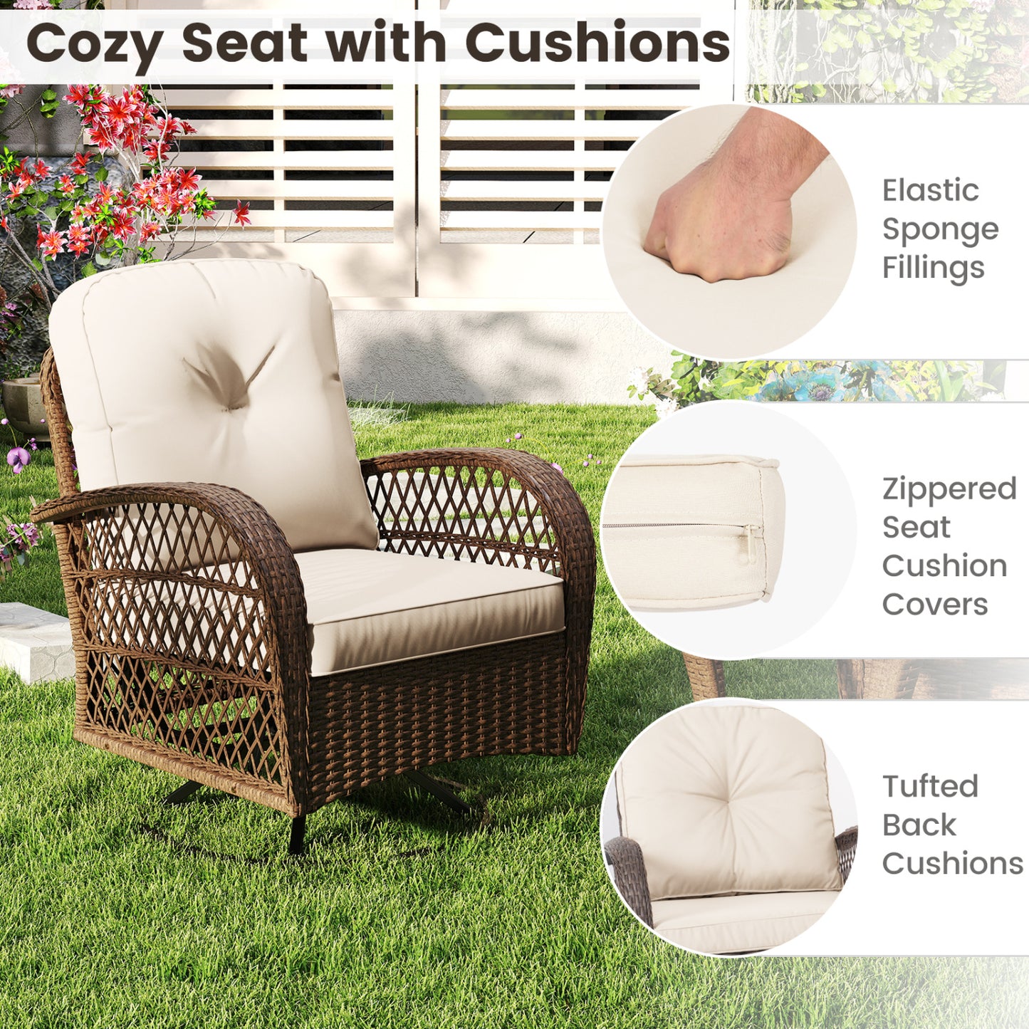 3 Piece Patio Swivel Rocker Set with Tempered Glass Side Table and Thick Cushions, White Patio Rocking Chairs & Gliders at Gallery Canada
