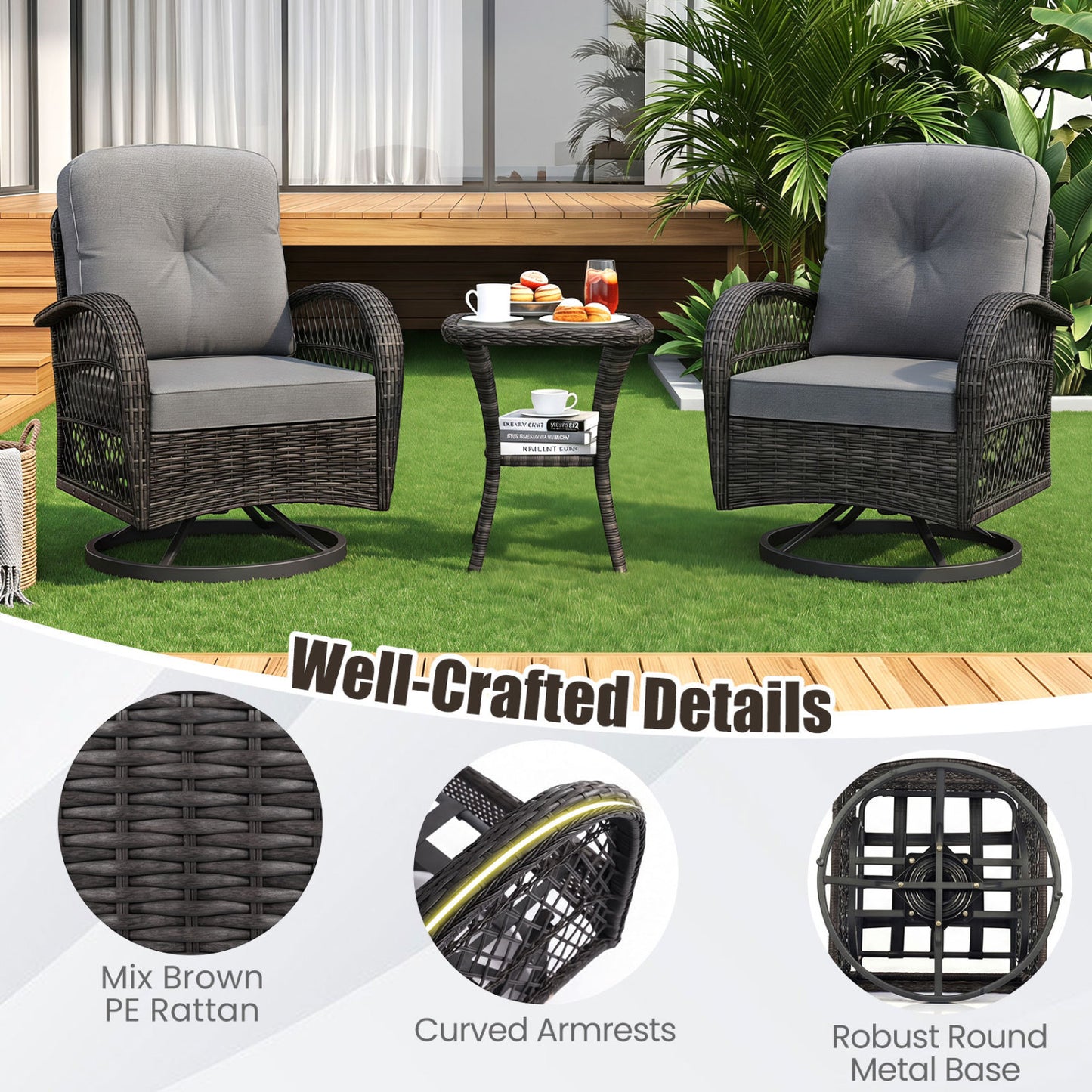 3 Piece Patio Swivel Rocker Set, Dark Gray