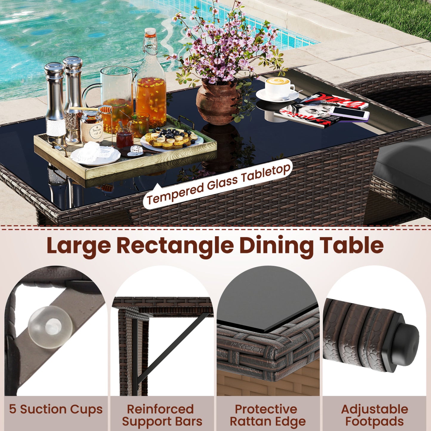 Ensemble de salle à manger en osier pour patio de 3 pièces, table en verre, gris