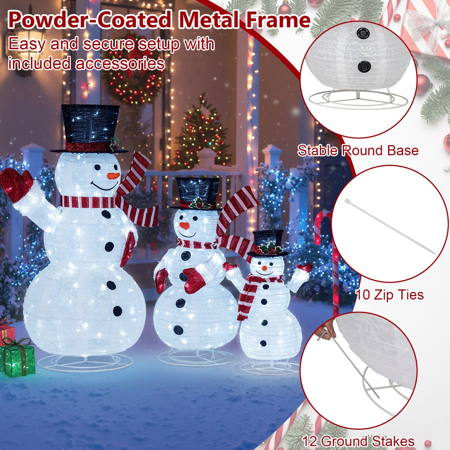 3-Piece Pre-Lit 3D Snowman Set, 270 LED Lights, Multicolor Christmas Decor & Accessories at Gallery Canada