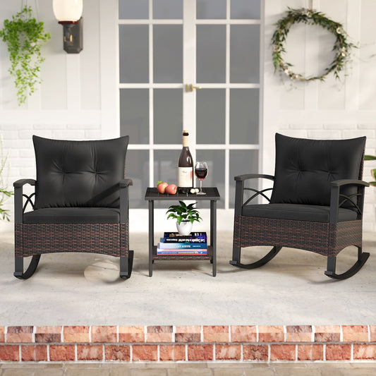 3 Piece Rocking Bistro Set PE Rattan Rocker Chairs with Acacia Wood Top Table, Black Patio Conversation Sets Black at Gallery Canada