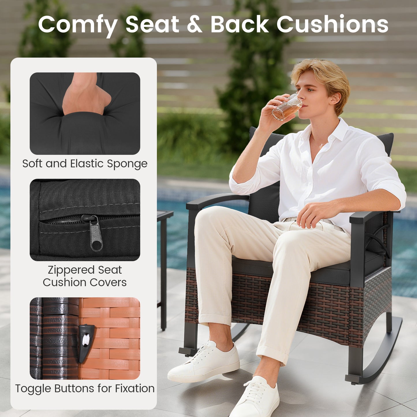 3 Piece Rocking Bistro Set PE Rattan Rocker Chairs with Acacia Wood Top Table, Black Patio Conversation Sets at Gallery Canada