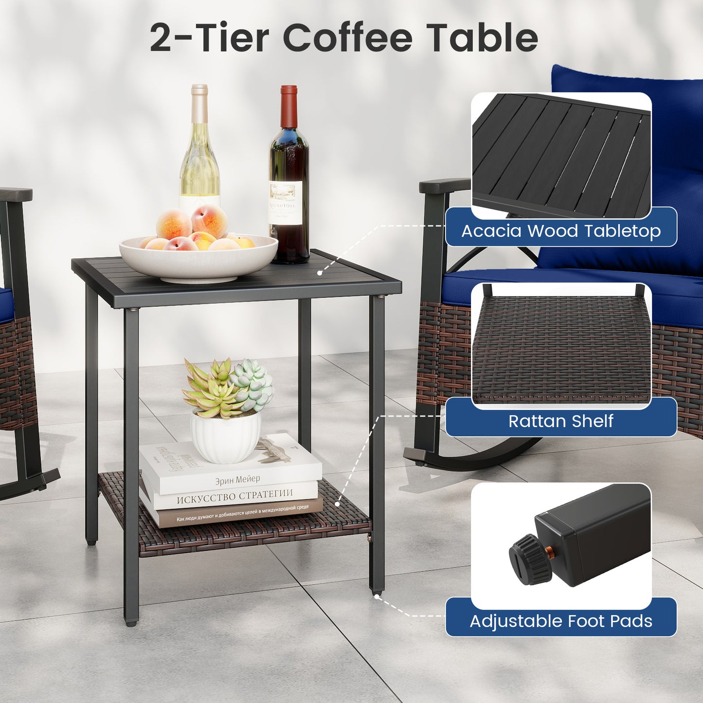 3 Piece Rocking Bistro Set PE Rattan Rocker Chairs with Acacia Wood Top Table, Navy Patio Conversation Sets at Gallery Canada