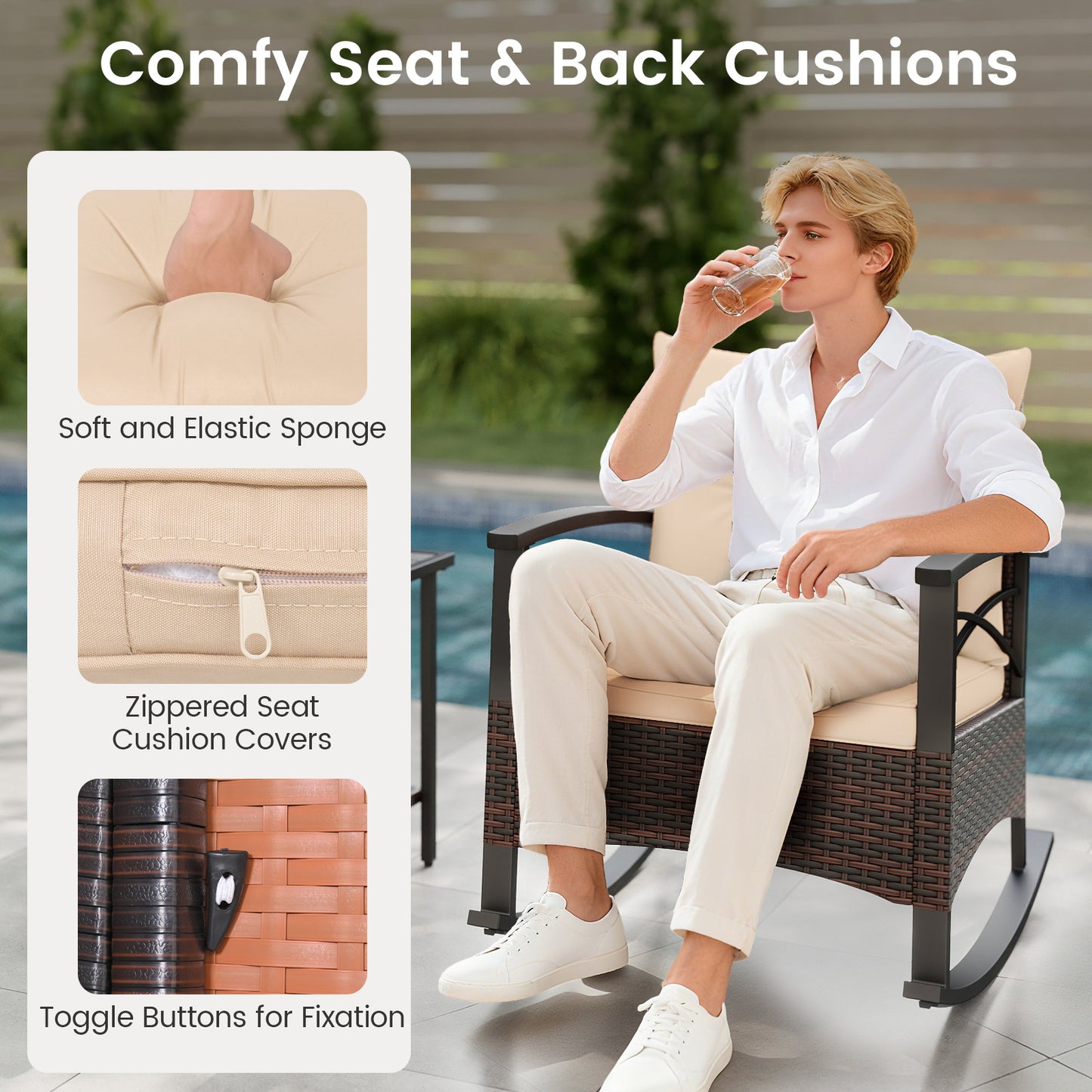 3 Piece Rocking Bistro Set PE Rattan Rocker Chairs with Acacia Wood Top Table, Beige Patio Conversation Sets at Gallery Canada