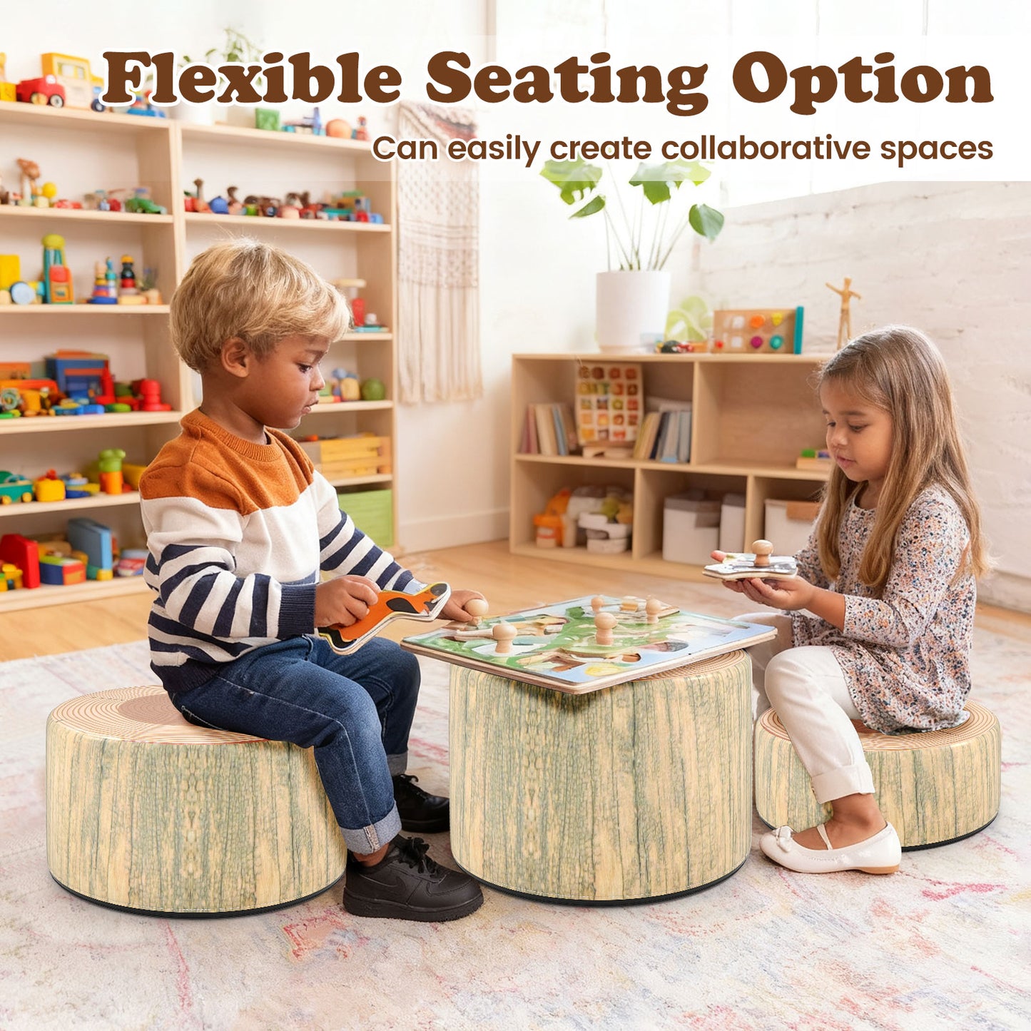 3-Piece Tree Stump Stool Set, Wood Printing, Natural Kids Table & Chair Sets at Gallery Canada