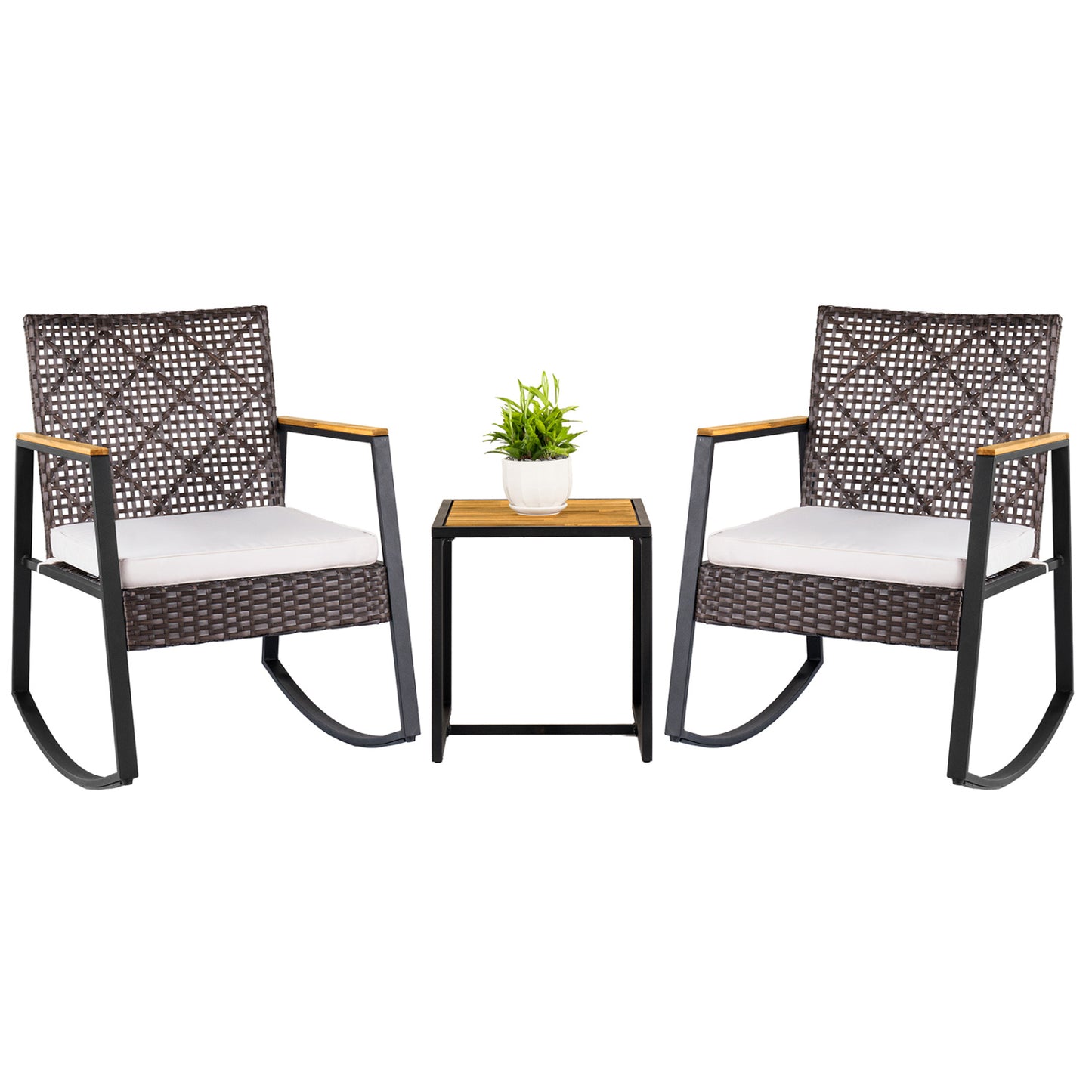 3-Piece Wicker Rocking Chair Set with Coffee Table and Cushions for Porch, Beige Patio Conversation Sets at Gallery Canada