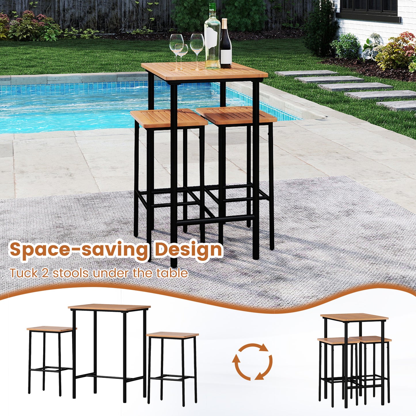 3 Pieces Acacia Wood Patio Bar Set Rectangular Table with Metal Frame, Natural & Black Patio Bar Furniture at Gallery Canada