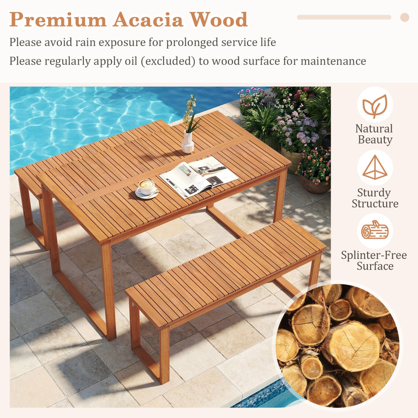 3 Pieces Acacia Wood Picnic Set with Outdoor Dining Table and 2 Benches for 4 People Patio Dining Sets at Gallery Canada
