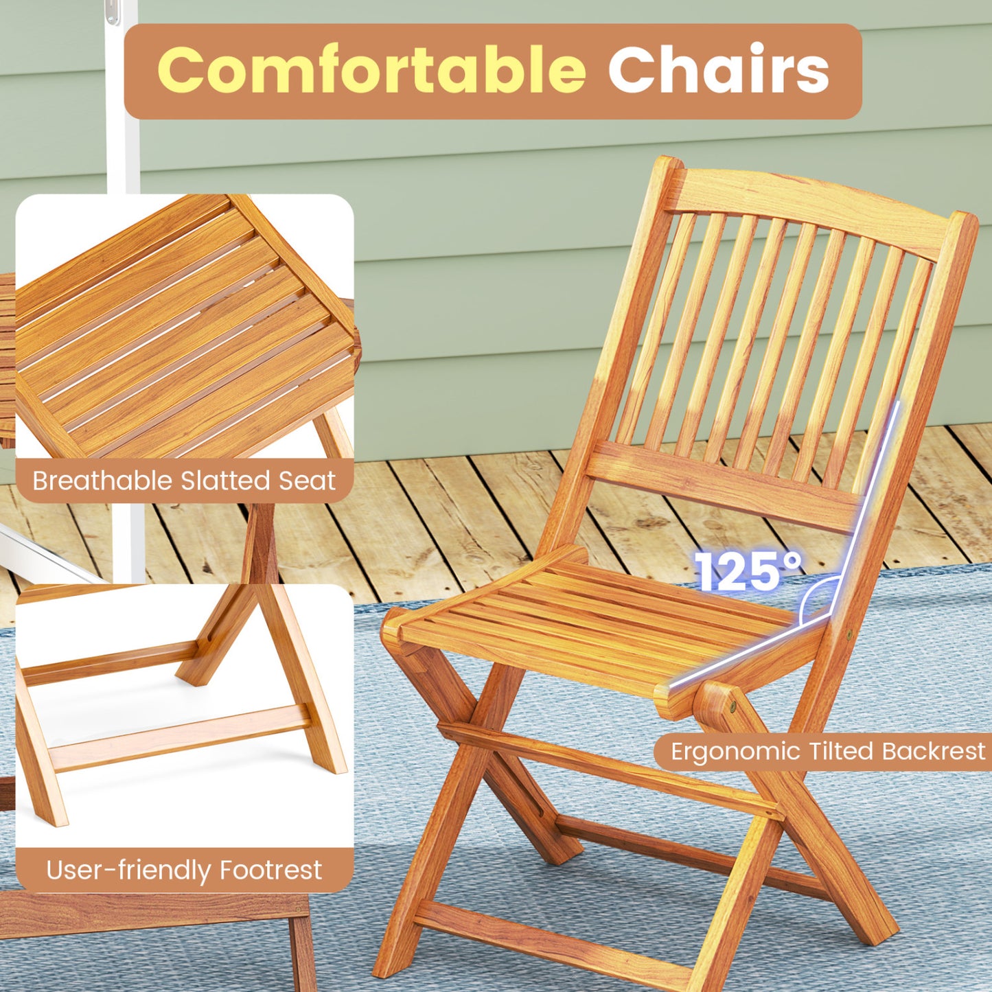 Acacia Wood Patio Folding Bistro Set, Black