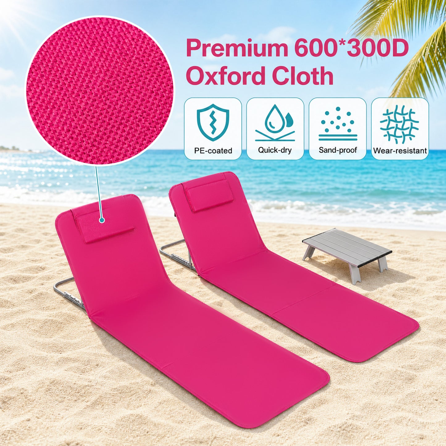 Ensemble de 3 pièces de chaise de plage avec table, rayé, rose