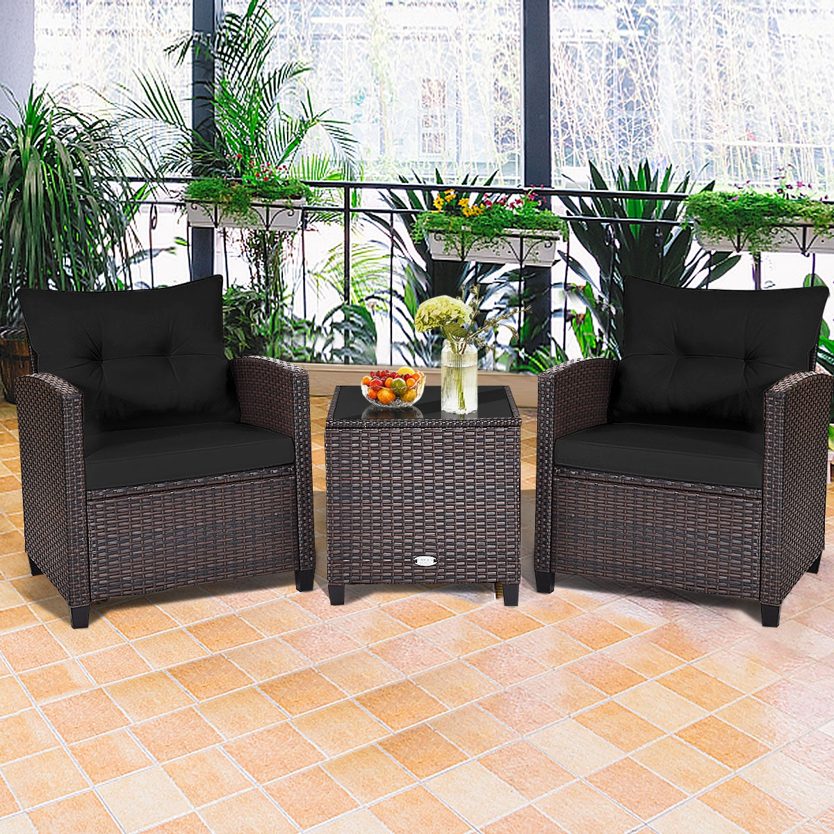 3 Piece Rattan Patio Set With Coffee Table, Black