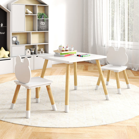 Kids Wooden Table And Chair Set, 3 Pieces, Froggy Design, White
