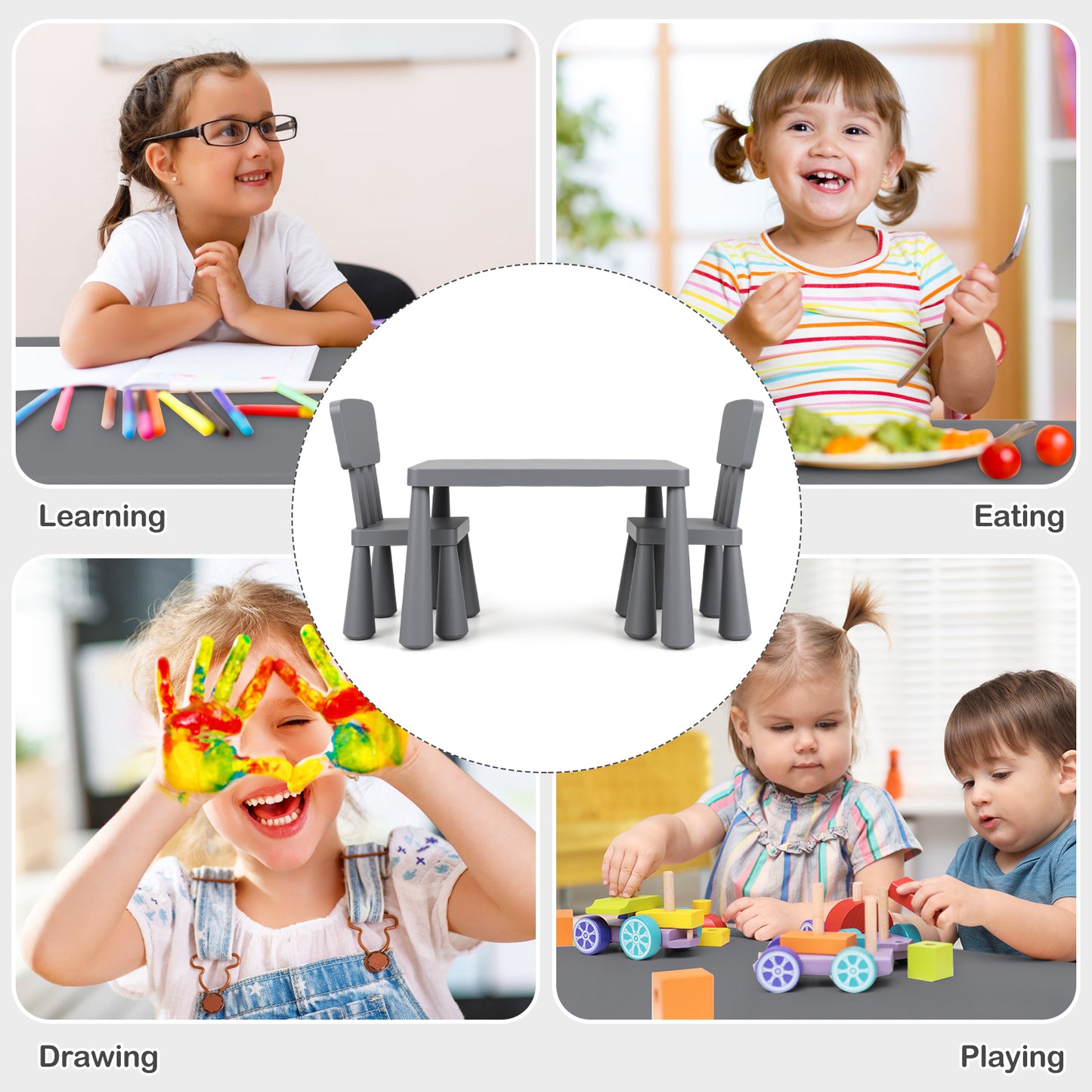 3 Pieces Multifunction Activity Kids Play Table and Chair Set, Gray Kids Table & Chair Sets at Gallery Canada