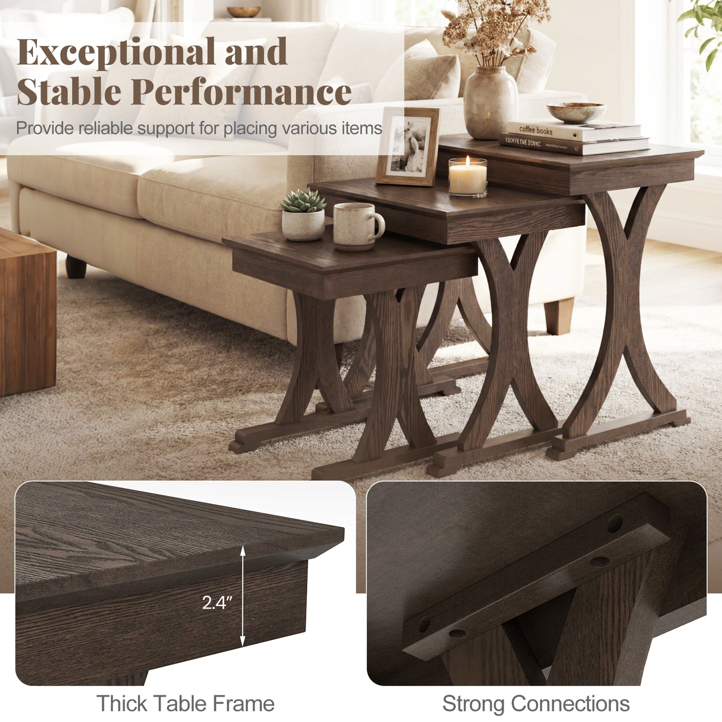 3 Pieces Nesting Coffee Table Side Table with Solid Rubber Wood Legs, Brown End & Side Tables at Gallery Canada