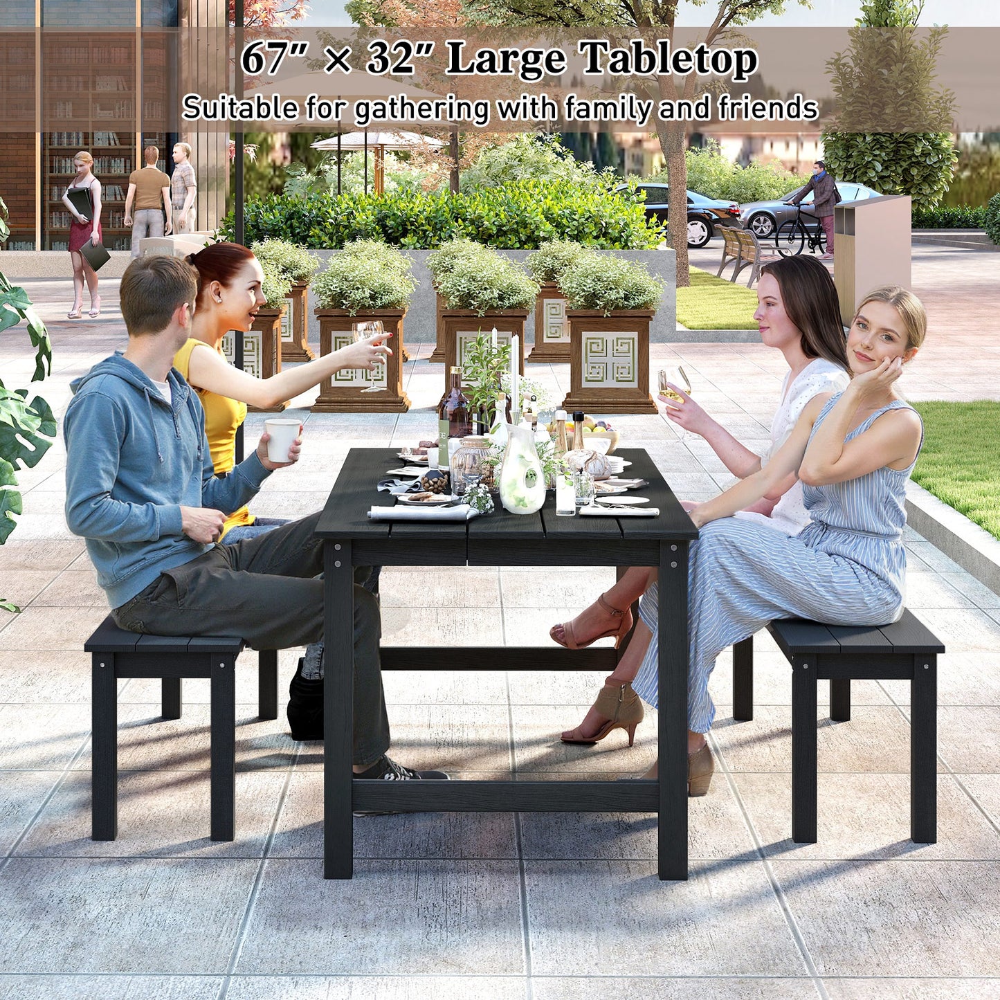 3 Pieces Outdoor Dining Table Set with 2 Benches, Black Patio Dining Sets at Gallery Canada