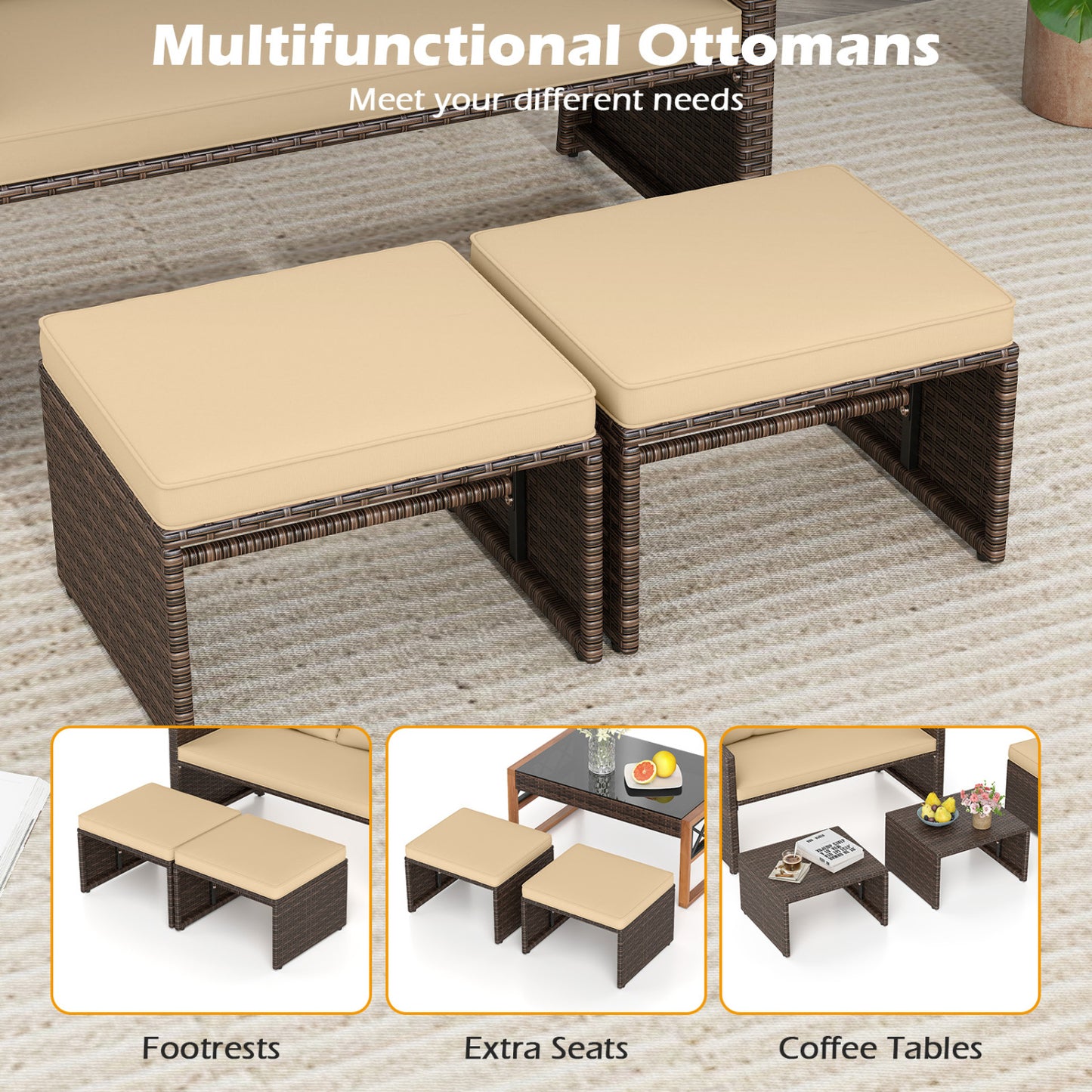 3 Piece Outdoor Patio PE Wicker Furniture Set, With Cushions, Beige Patio Conversation Sets at Gallery Canada