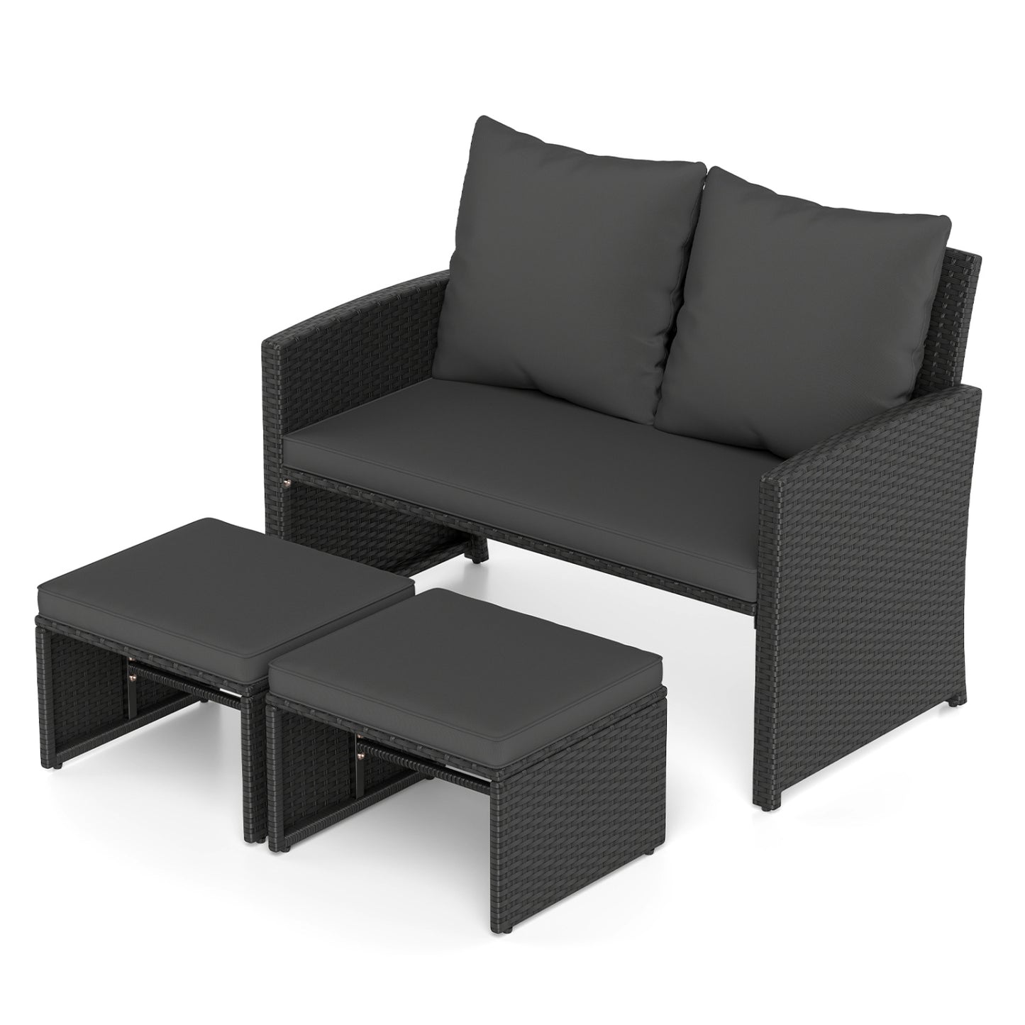 Ensemble de patio en rotin PE extérieur de 3 pièces avec coussins, noir