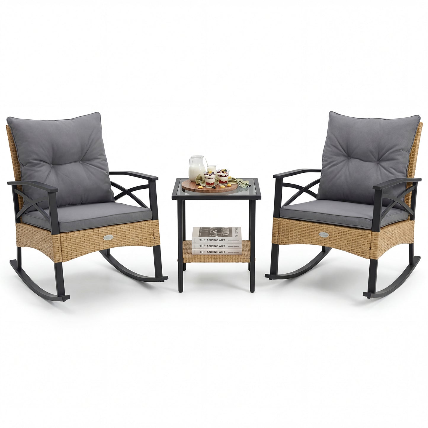 3-Piece Outdoor Rattan Rocking Chairs Set With 2-Tier Side Table, Gray Patio Conversation Sets Gray at Gallery Canada