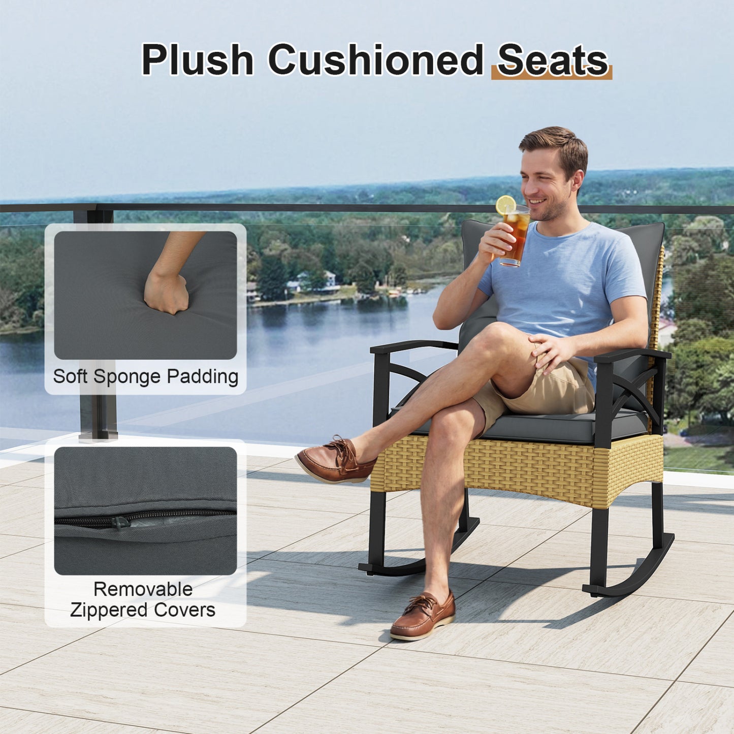 3-Piece Outdoor Rattan Rocking Chairs Set With 2-Tier Side Table, Gray Patio Conversation Sets at Gallery Canada