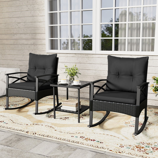 3-Piece Rattan Rocking Chair Set With 2-Tier Side Table, Black Patio Conversation Sets Black at Gallery Canada