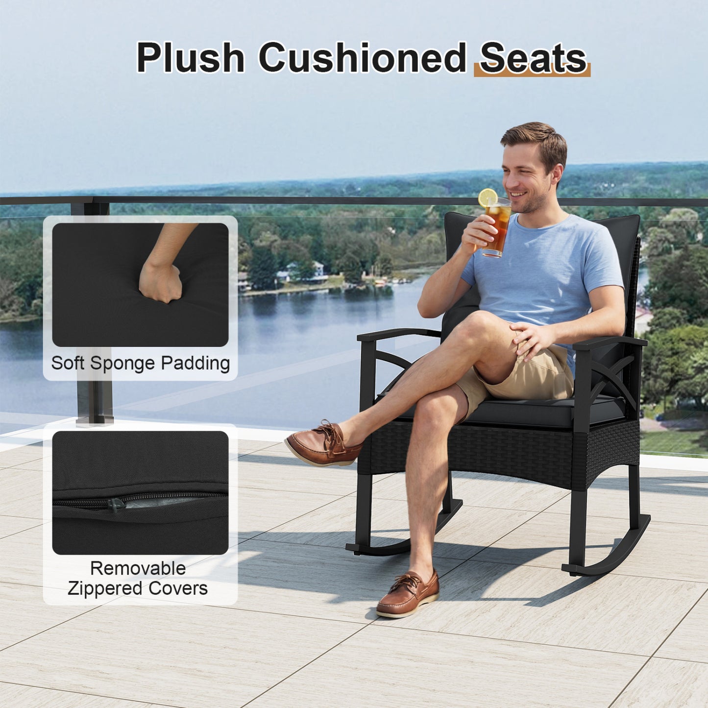 3-Piece Rattan Rocking Chair Set With 2-Tier Side Table, Black Patio Conversation Sets at Gallery Canada