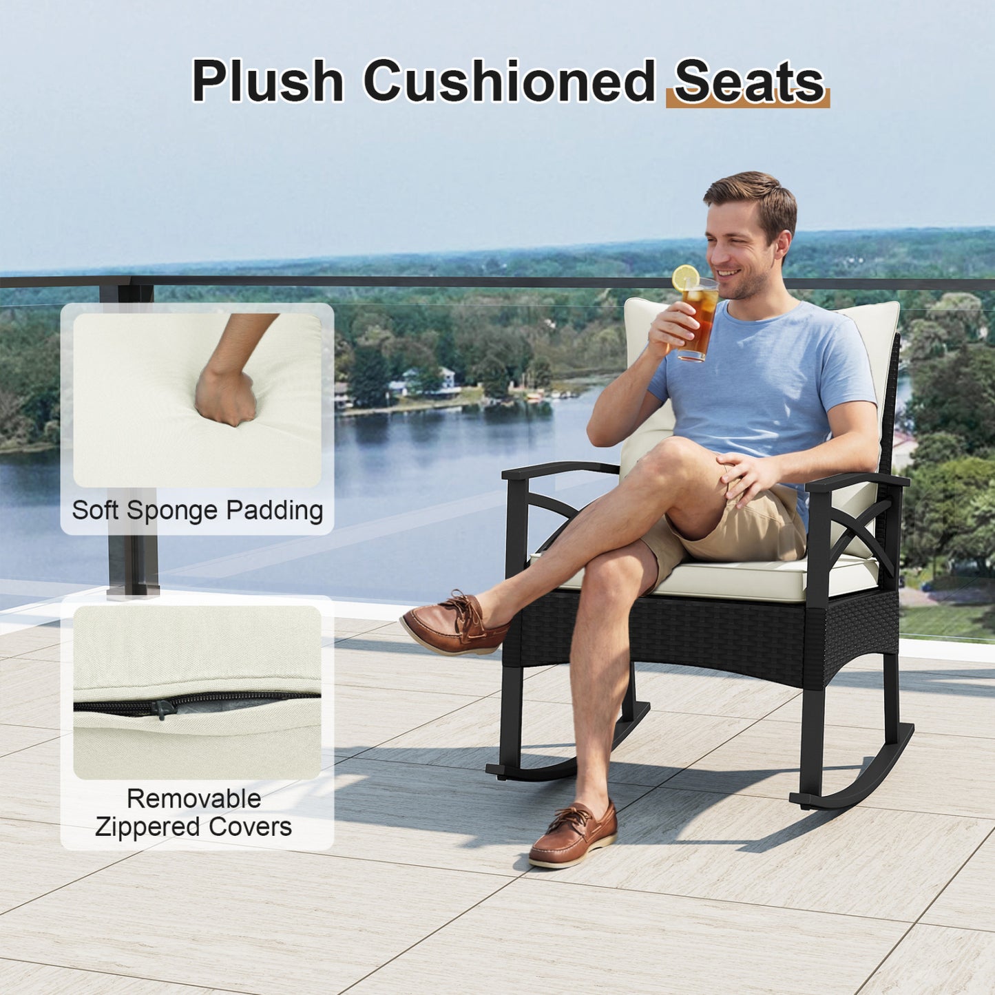 Outdoor Rattan Rocking Chairs Set, 2-Tier Side Table, White Patio Conversation Sets at Gallery Canada