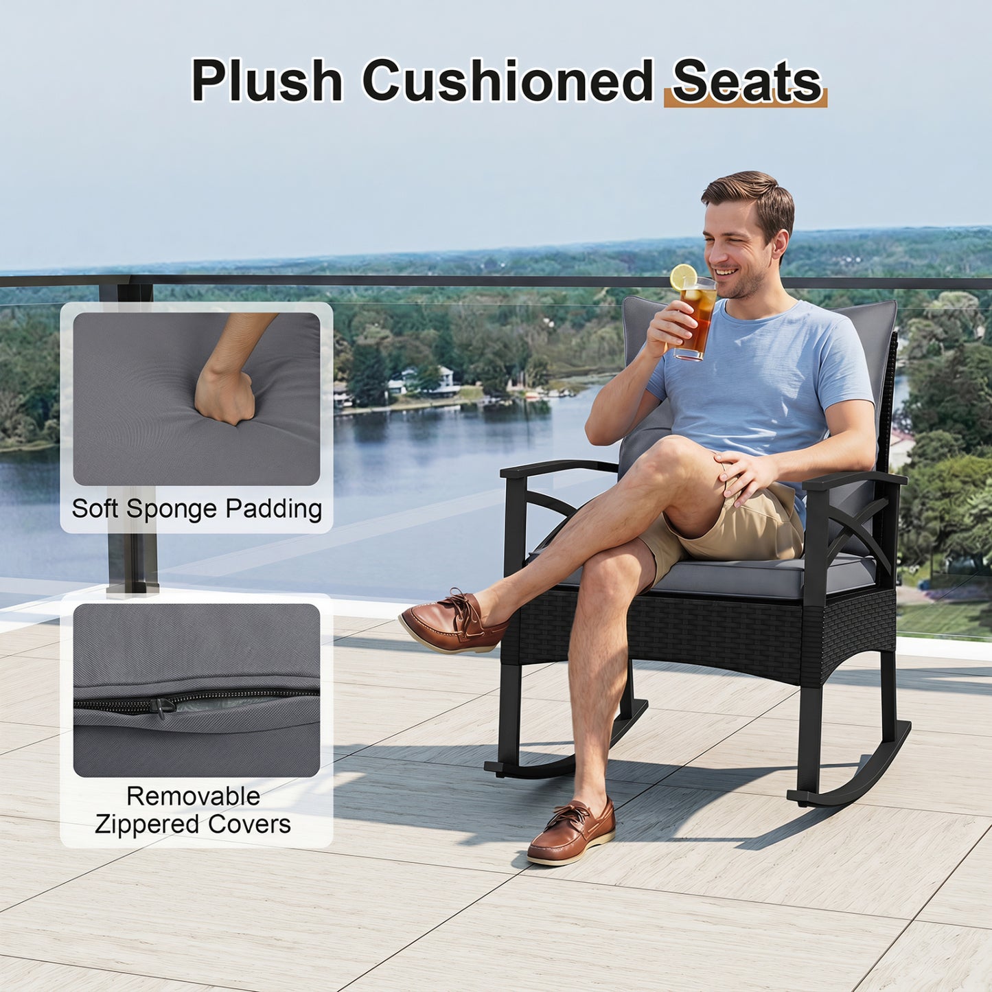 3 Piece Outdoor Rattan Rocking Chairs Set with Side Table, Black & Gray
