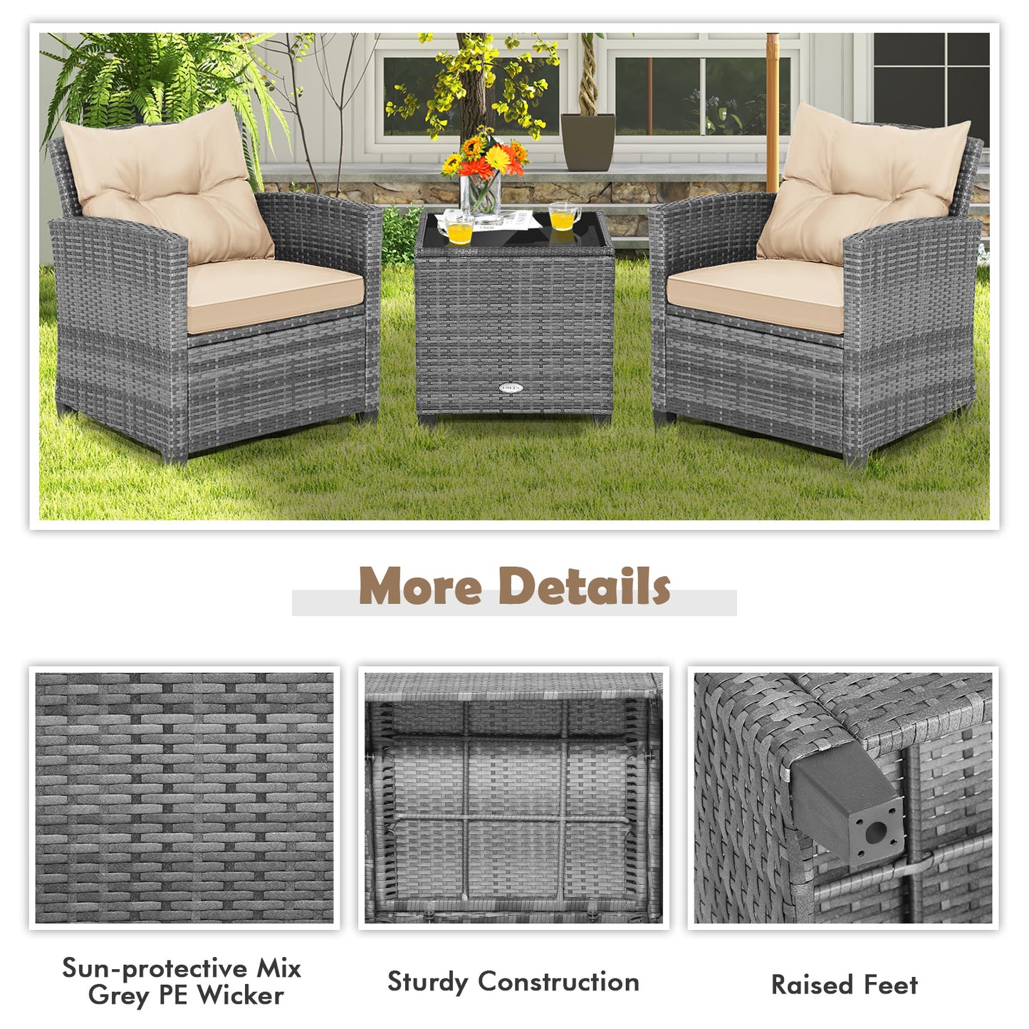 3 Piece Outdoor Wicker Conversation Set, Tempered Glass Tabletop, Beige Patio Conversation Sets at Gallery Canada