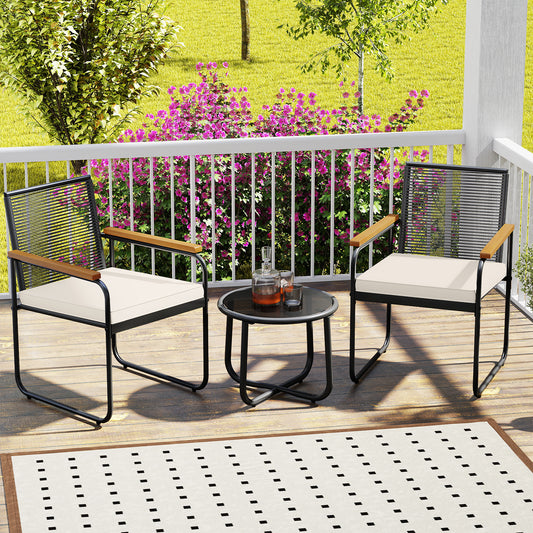3 Piece Patio Furniture Set, PE Rattan Chairs, Round Glass Table, White Patio Conversation Sets White at Gallery Canada