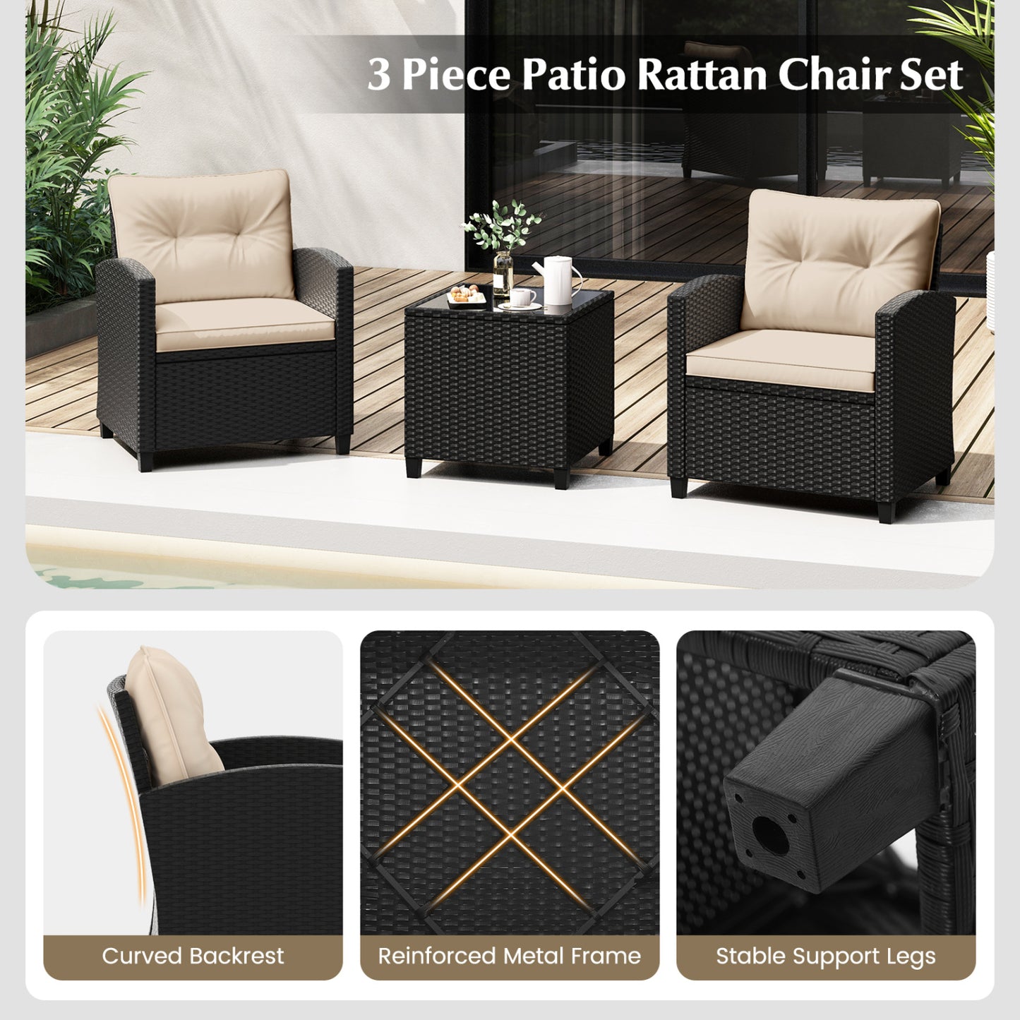 Ensemble de mobilier de patio 3 pièces, table basse en verre trempé, blanc cassé
