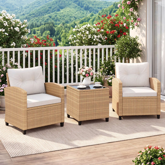 3 Pieces Patio Furniture Set, Tempered Glass Table, Tan White Patio Conversation Sets Tan & White at Gallery Canada