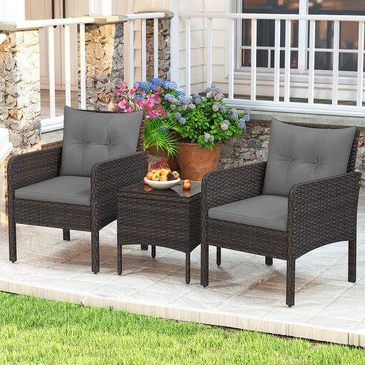 3-Piece Patio PE Wicker Set With Cushions, Gray Patio Conversation Sets Gray at Gallery Canada