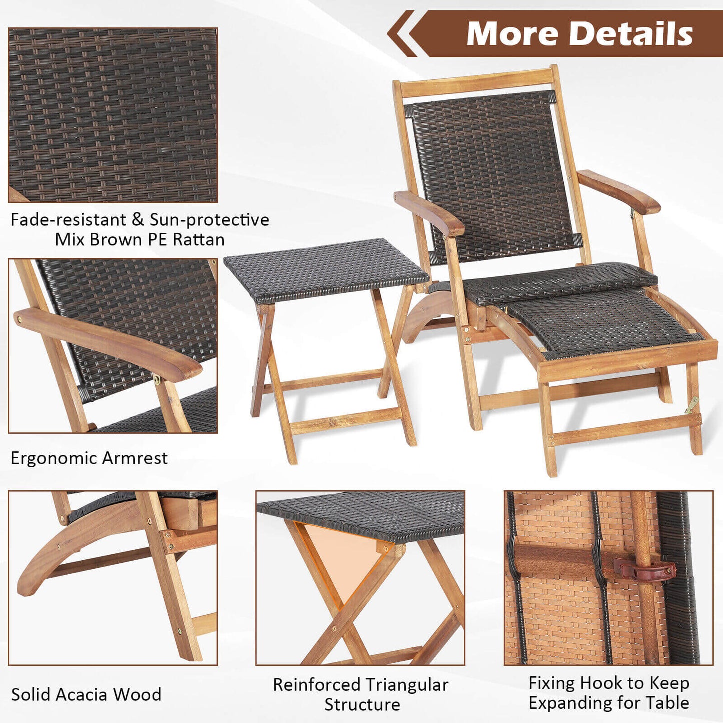 Rattan Folding Lounge Chair Set, 2 Chairs With Acacia Wood Table, Brown Outdoor Chaise Lounges at Gallery Canada