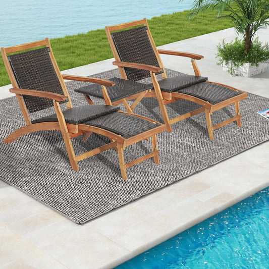 Rattan Folding Lounge Chair Set, 2 Chairs With Acacia Wood Table, Brown Outdoor Chaise Lounges Brown at Gallery Canada