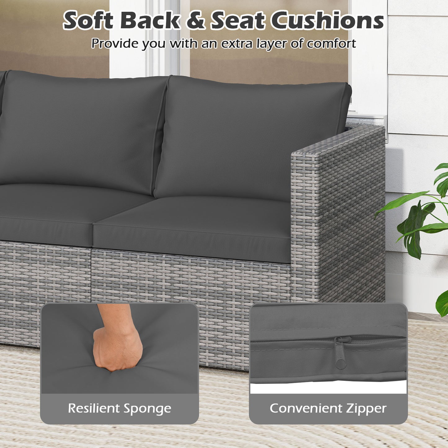 3 Pieces Patio Sectional Sofa Set PE Rattan Modular Couch Furniture Set with Soft Cushions, Black Outdoor Sectionals at Gallery Canada