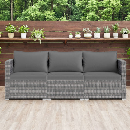 3 Pieces Patio Sectional Sofa Set PE Rattan Modular Couch Furniture Set with Soft Cushions, Gray