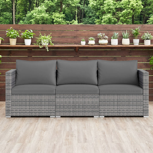 3 Pieces Patio Sectional Sofa Set PE Rattan Modular Couch Furniture Set with Soft Cushions, Gray Outdoor Sectionals Gray at Gallery Canada