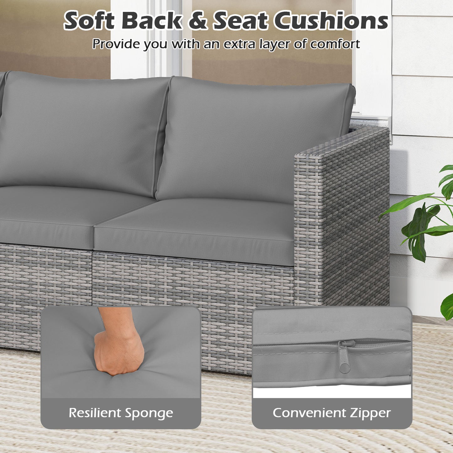 3 Pieces Patio Sectional Sofa Set PE Rattan Modular Couch Furniture Set with Soft Cushions, Gray Outdoor Sectionals at Gallery Canada