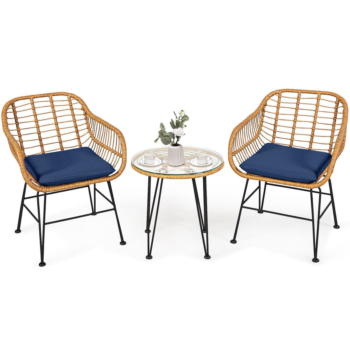 Ensemble de meubles en rotin 3 pièces, chaise avec coussin et table, bleu marine