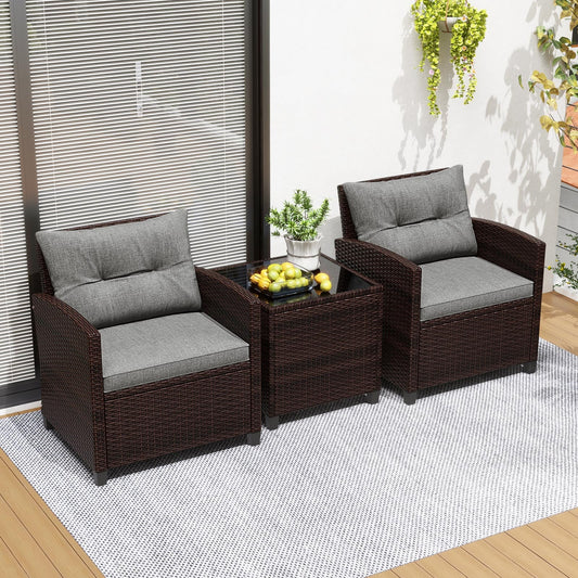 3 Piece Rattan Patio Furniture Set, Washable Cushion, Gray