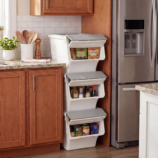3 Pieces Storage Bins on Wheels Stackable Plastic Boxes with Stay-Open Lid (M), Gray Dressers & Chests Gray at Gallery Canada
