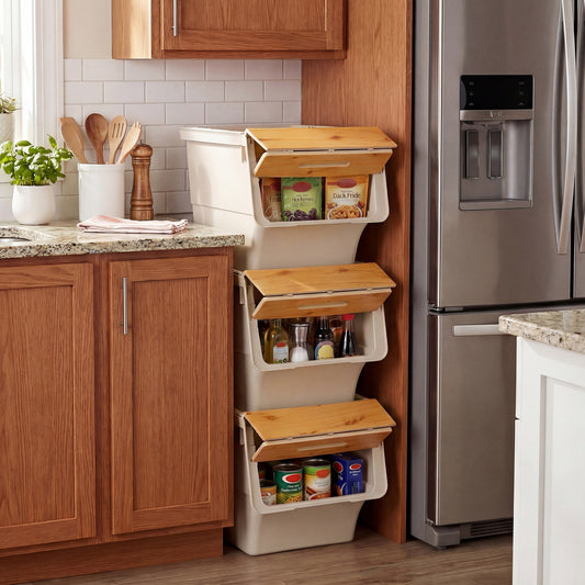 3 Pieces Storage Bins on Wheels Stackable Plastic Boxes with Stay-Open Lid (M), Natural Dressers & Chests Natural at Gallery Canada