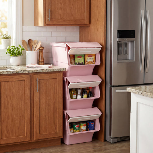 3 Pieces Storage Bins on Wheels Stackable Plastic Boxes with Stay-Open Lid (M), Pink Dressers & Chests Pink at Gallery Canada