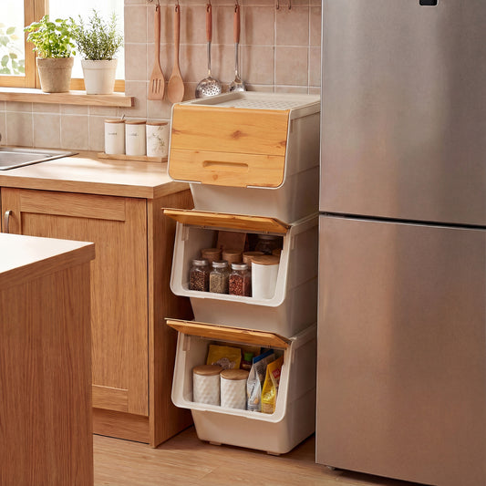 3 Pieces Storage Bins on Wheels Stackable Plastic Boxes with Stay-Open Lid (S), Natural Dressers & Chests Natural at Gallery Canada